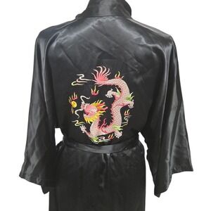 Vtg 90s Silver Lake Satin Embroidered Dragon Robe Kimono Style Women's XL Black